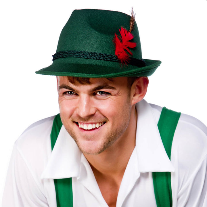 Deluxe Bavarian Oktoberfest Hat Red Feather Fancy Dress