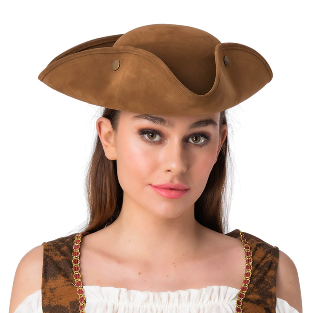 Pirate Hat Super Deluxe Brown Suede Tricorn Fancy Dress