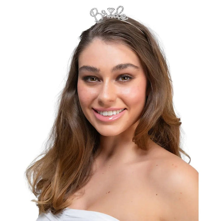 Woman wearing a Bride lettered headband made from Diamante