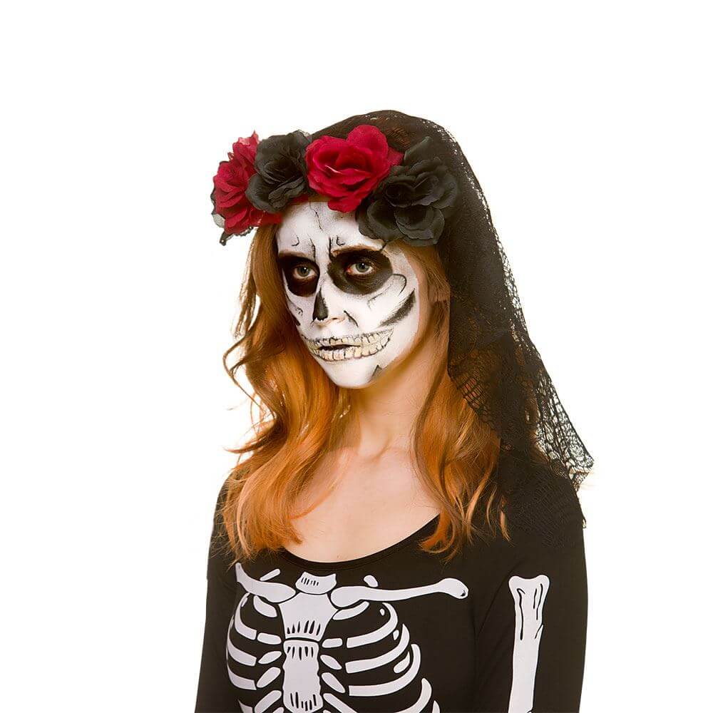 Red Black Rose Headband Lace Veil Sugar Skull Fancy Dress