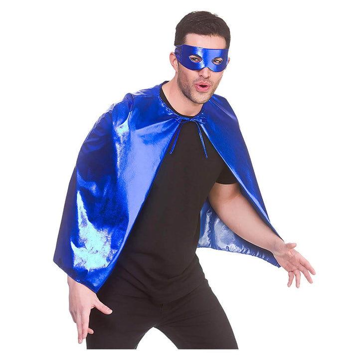 Adults Metallic Superhero Cape With Mask Fancy Dress Blue