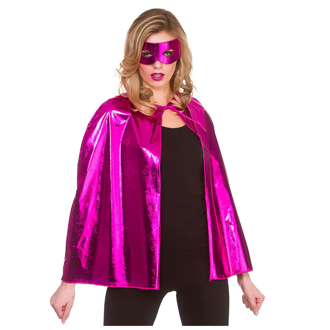 Adults Metallic Superhero Cape With Mask Fancy Dress Hot Pink