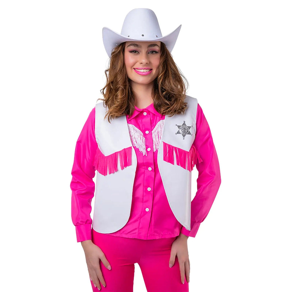 Lady wearing a white and pink fringed sheriff waistcoat and white cowboy hat for Wild West fancy dress costumes