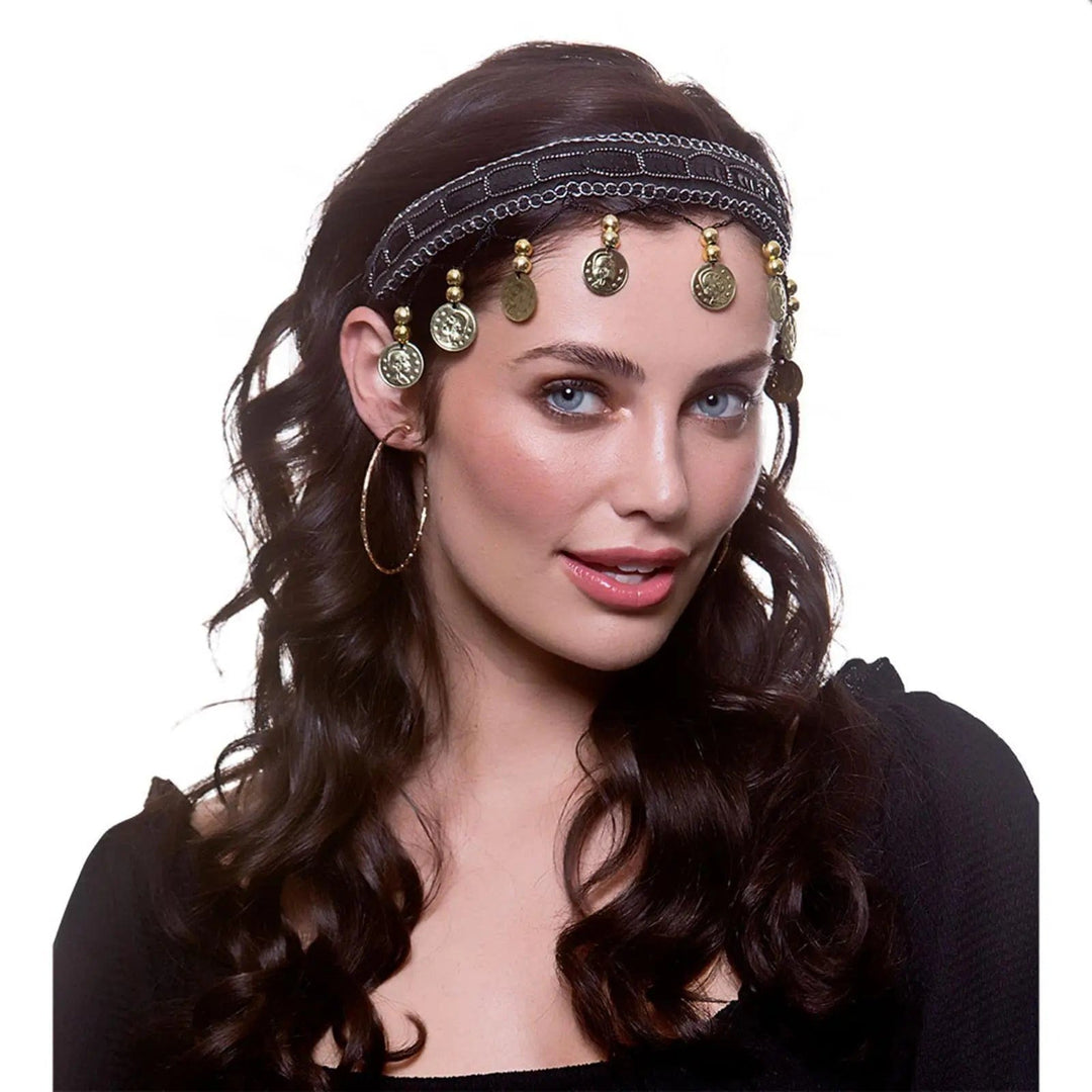 Female model wearing a gypsy style coin headband for fancy dress costumes