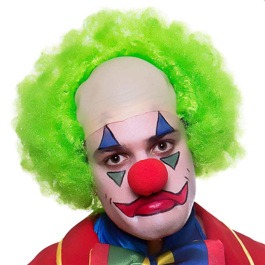 Clown fancy dress with bright green wig and big red sponge nose