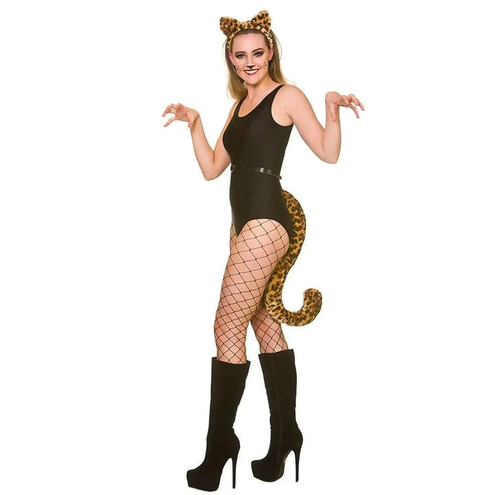 Model wearing a leopard ears and giant tail set for fancy dress parties