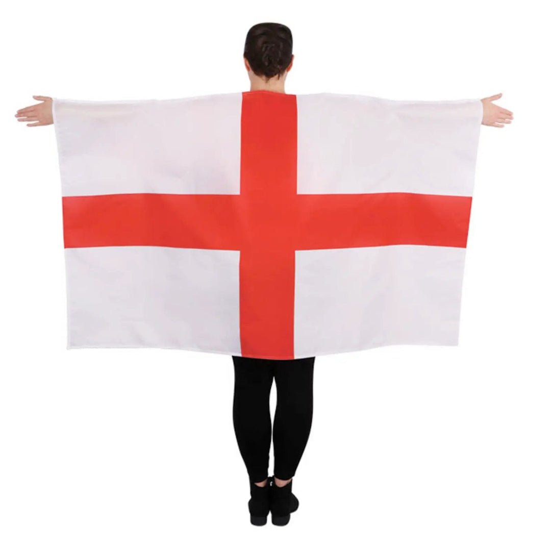 Man wth large England flag cape with arms outstretched