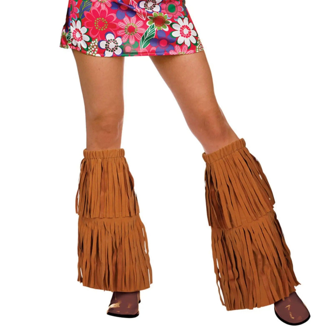 Lady wearing tan coloured, fringed boot covers for hippie fancy dress costumes