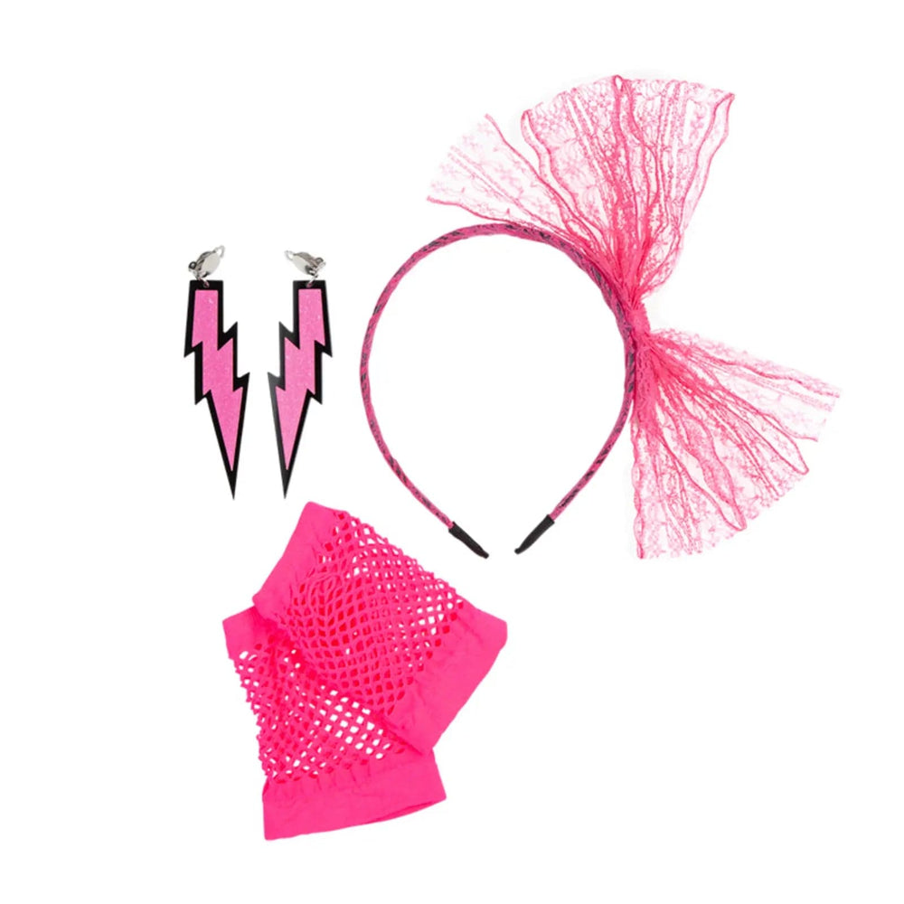 Pink neon fancy dress accessories including a lace bow headband, fingerless net gloves and lightning shape earrings