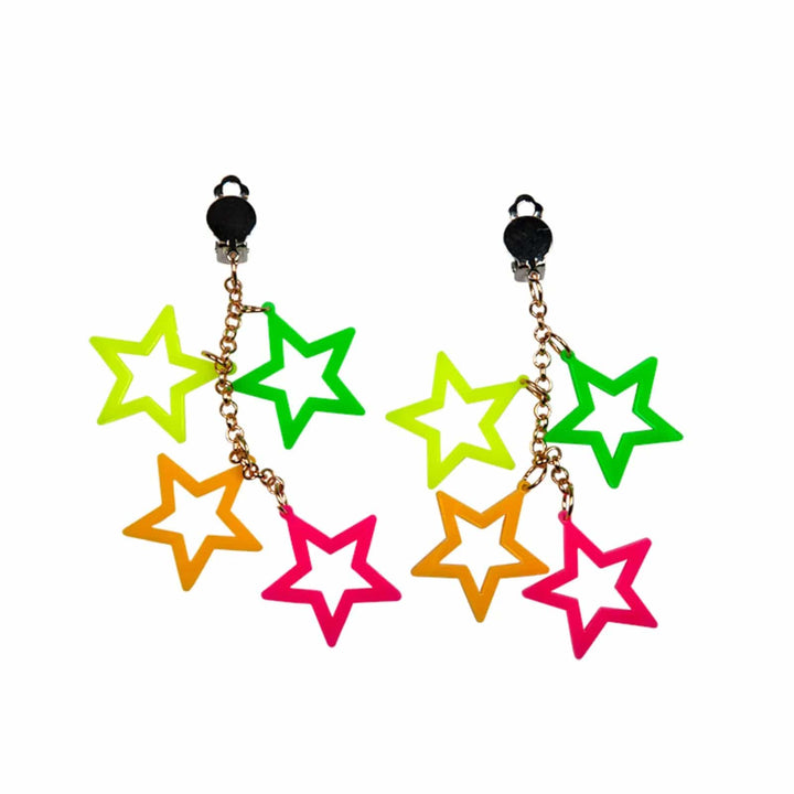 Pair of clip on, neon colour stars earrings for hen nights and 80s fancy dress costumes