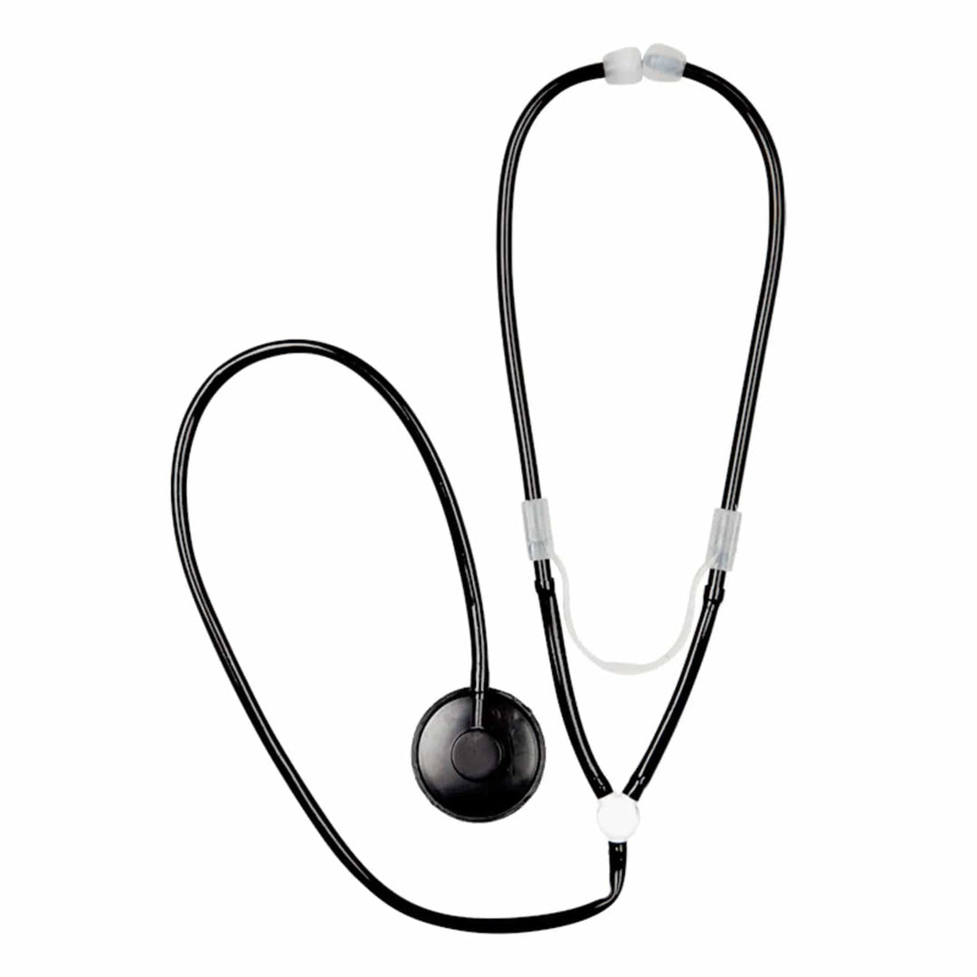 Doctor's stethoscope in black plastic with ear buds for comfort while wearing with a hospital theme fancy dress costume