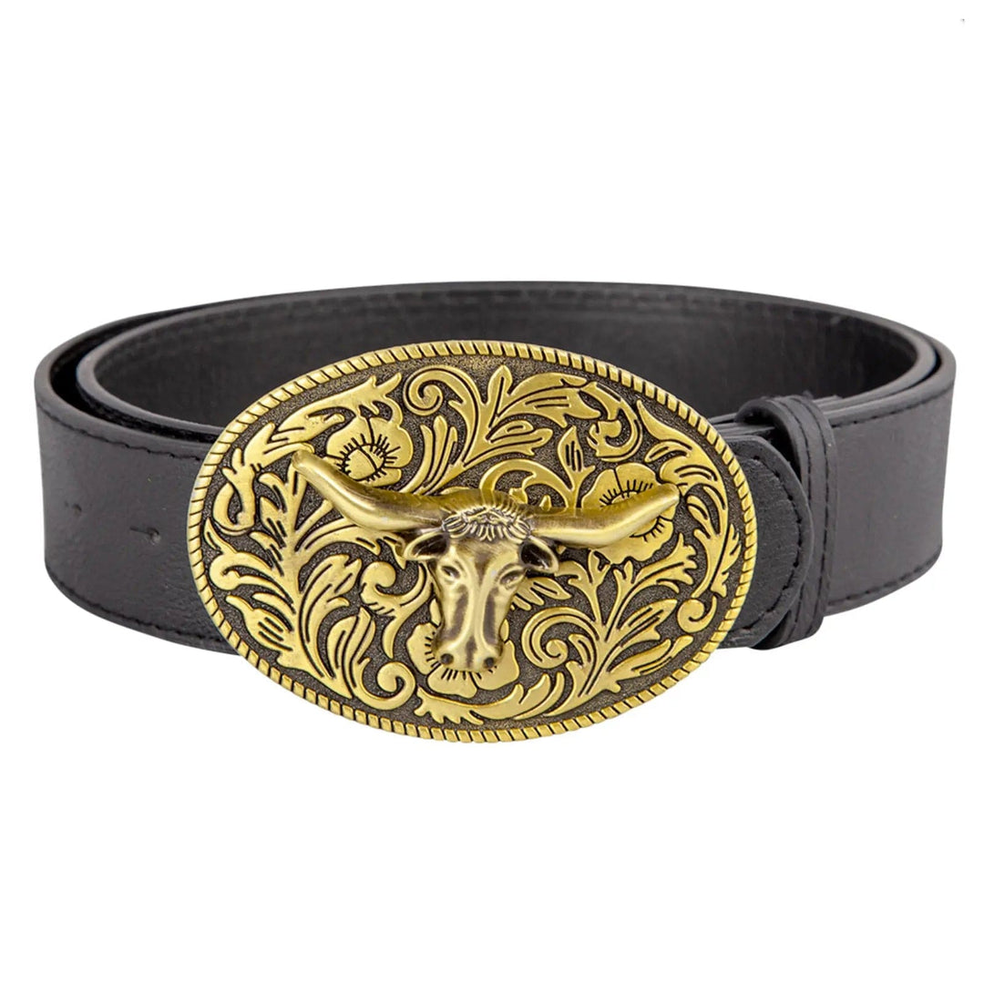 Texan cowboy belt in black faux leather with gold finish bull head buckle for fancy dress costumes