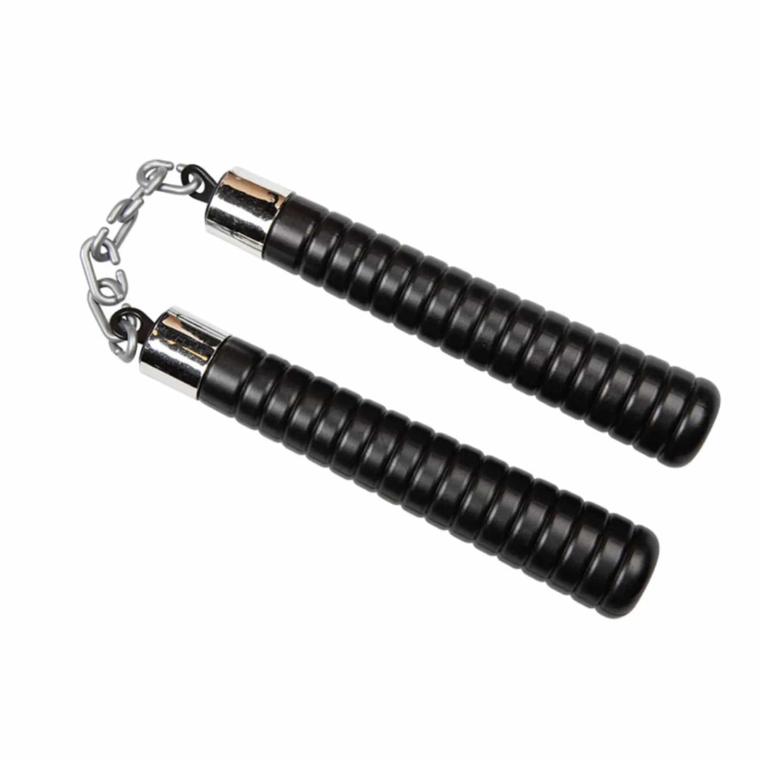 Set of nunchucks with black plastic ridged handles and grey plastic chain for fancy dress costumes