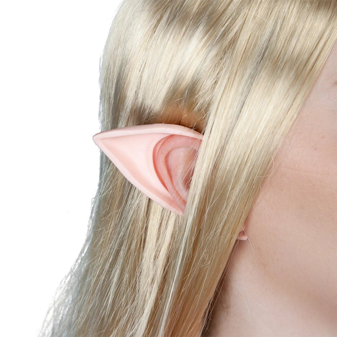 Model wearing a pink pointed ear for fancy dress costumes