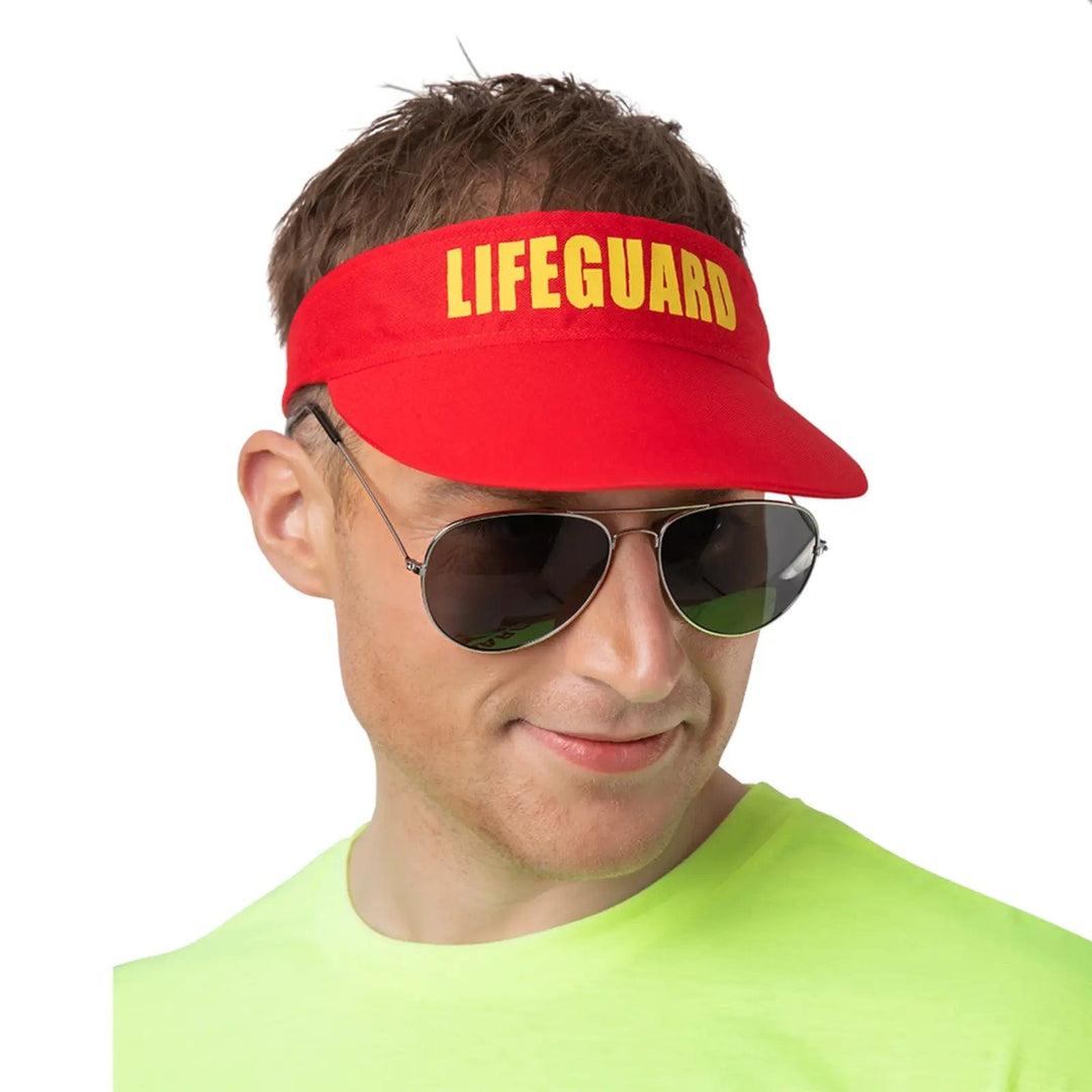 Man wearing sunglasses and a red visor with Lifeguard printed in yellow for fancy dress parties