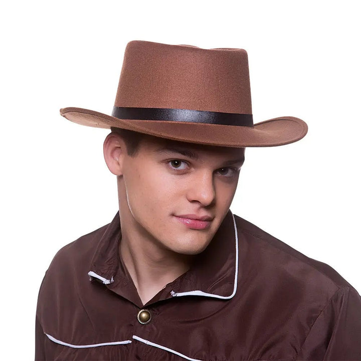 Man wearing a brown shirt and a brown suede cowboy hat for wild west fancy dress costumes