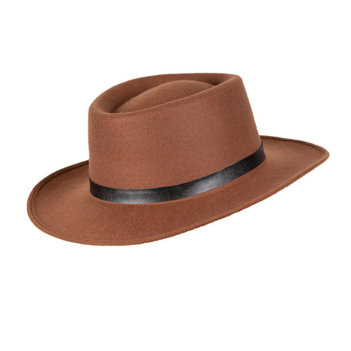 Brown felt cowboy hat with black hatband, ideal for wild west theme fancy dress costumes