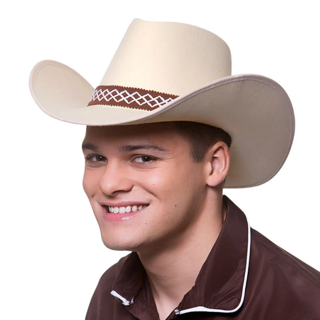 Man wearing a brown shirt and a light beige coloured cowboy hat for wild west fancy dress theme parties