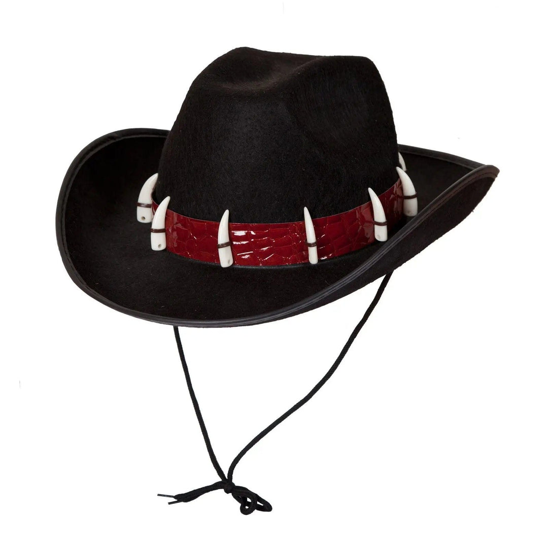 Black crocodile hunter hat with fake crocodile sking and teeth decoration for fancy dress costumes