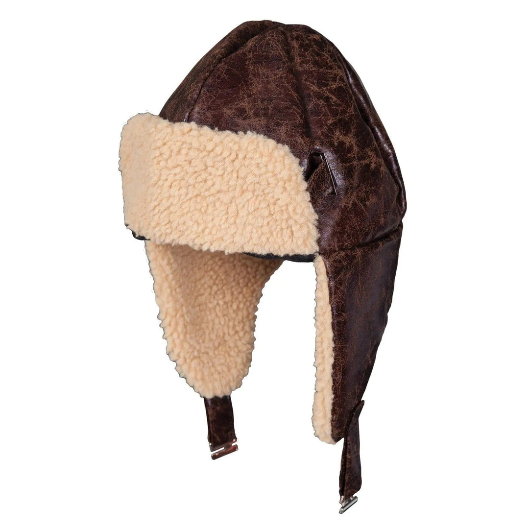 Brown weathered look aviator hat with sheepskin trim and chin strap fro fancy dress costumes