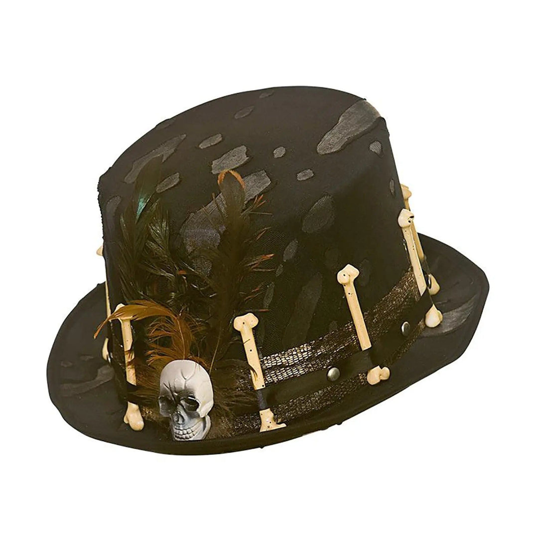 Voodoo style hat with bones, feathers and a skull for Halloween fancy dress costumes