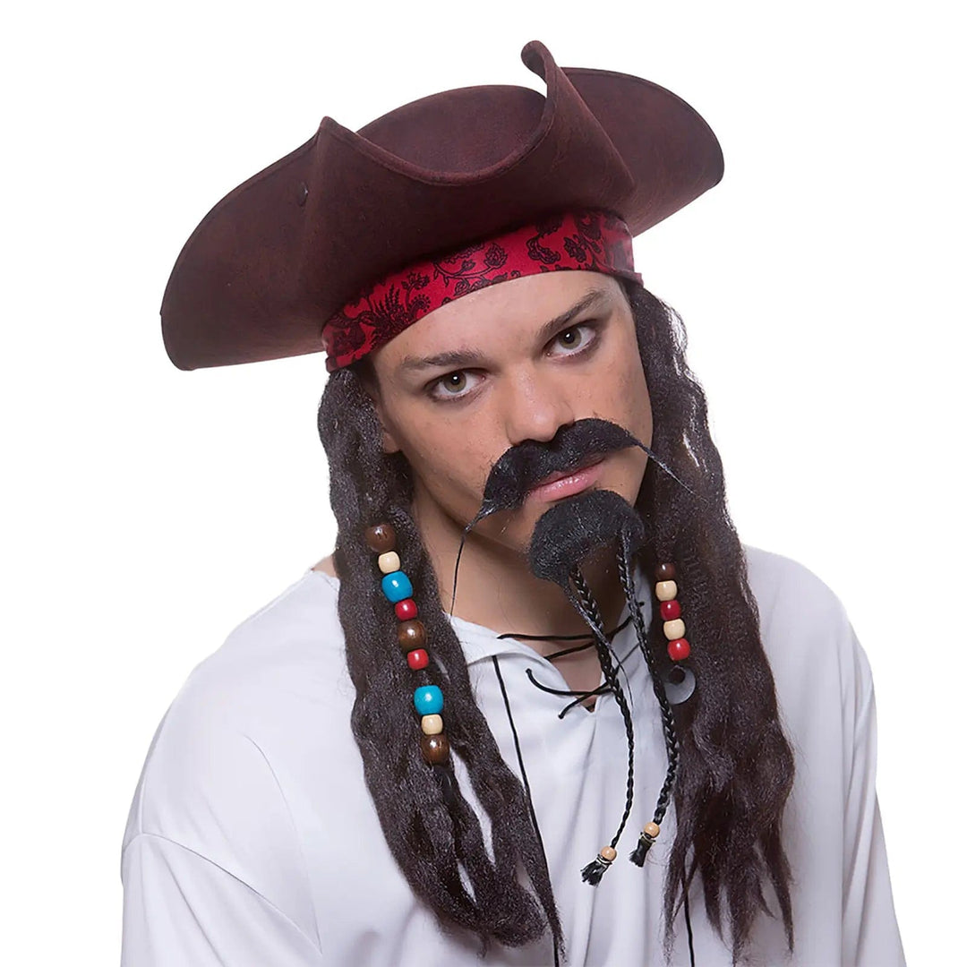 Man wearing  a deluxe pirate hat in brown, with beaded braids attached for fancy dress costumes