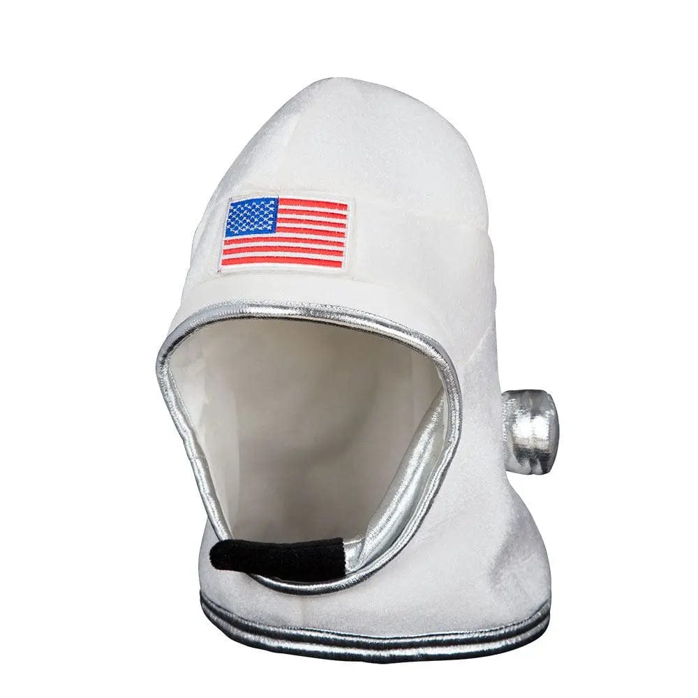 Space helmet in white and silver with microphone feature and stars and stripes flag decoraion