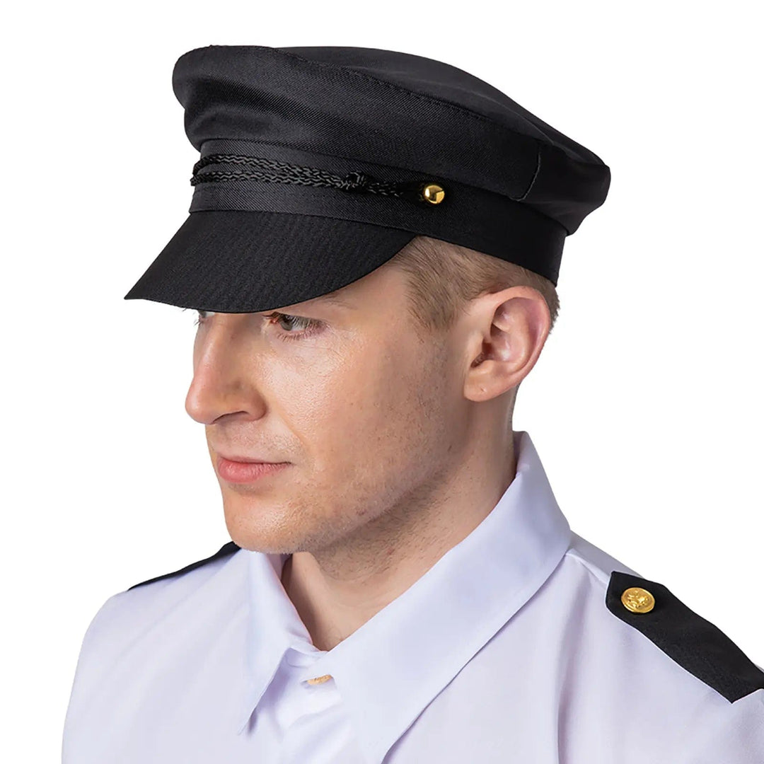 Man wearing a black chauffeur cap for fancy dress party costumes