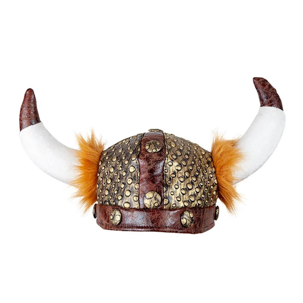 VIking Helmet with soft horns, faux leather cap and orange faux fur