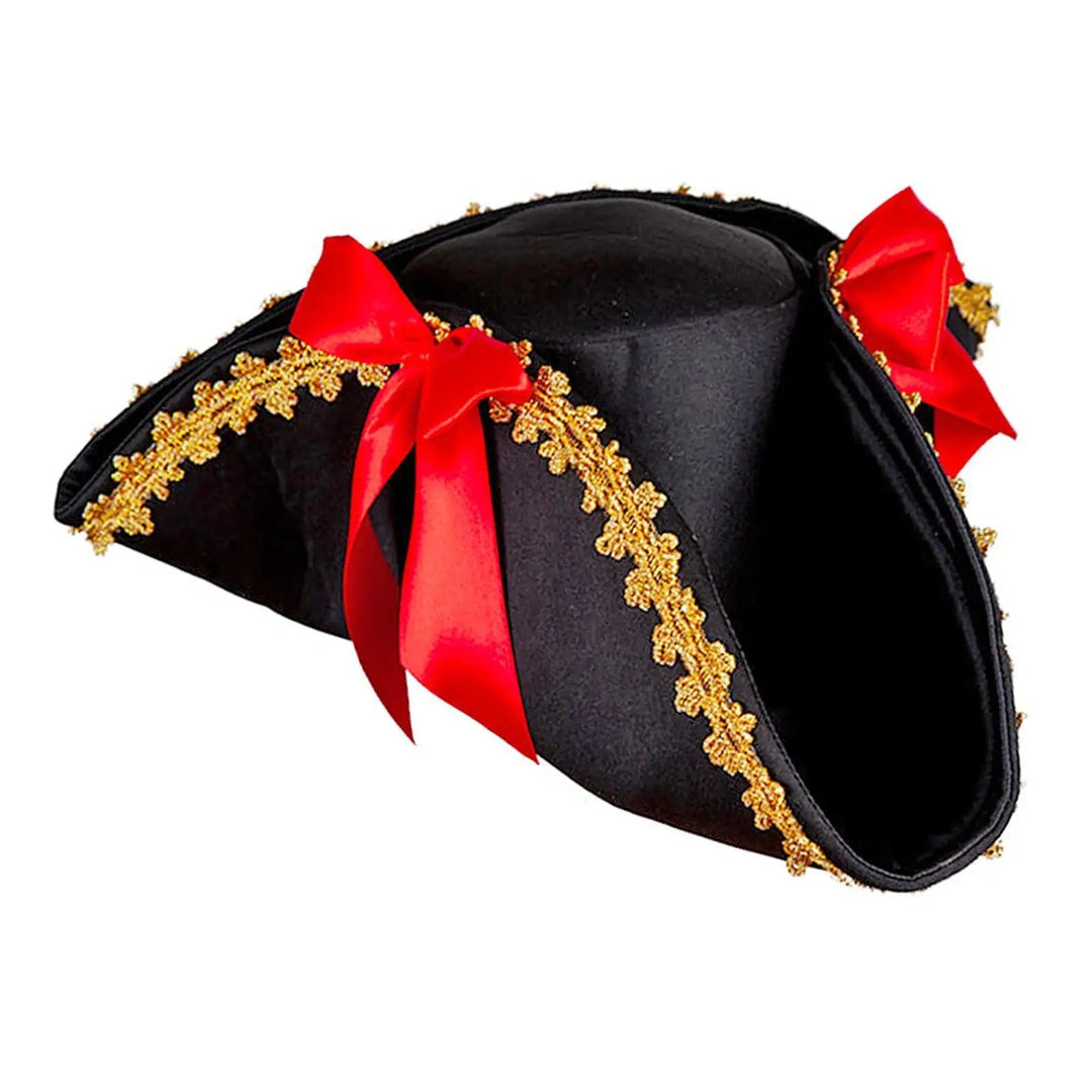 black pirate hat with gold braid trim and red ribbon bows for fancy dress costumes