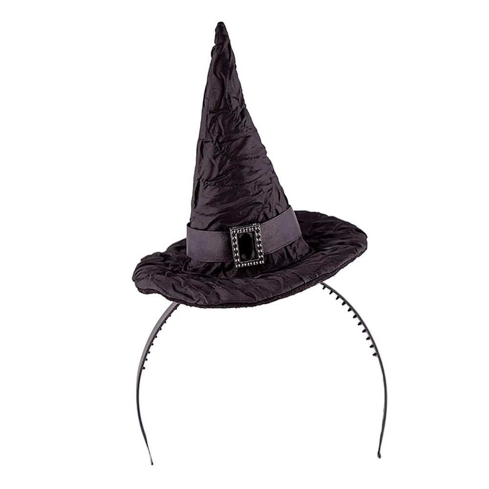 Black witch hat with diamante buckle, on a black headband for fancy dress and halloween