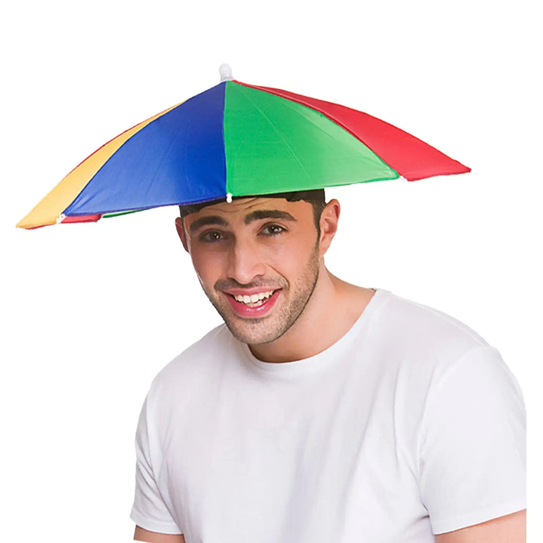 Man wearing a brightly coloured umbrella hat for festivals and fancy dress costumes