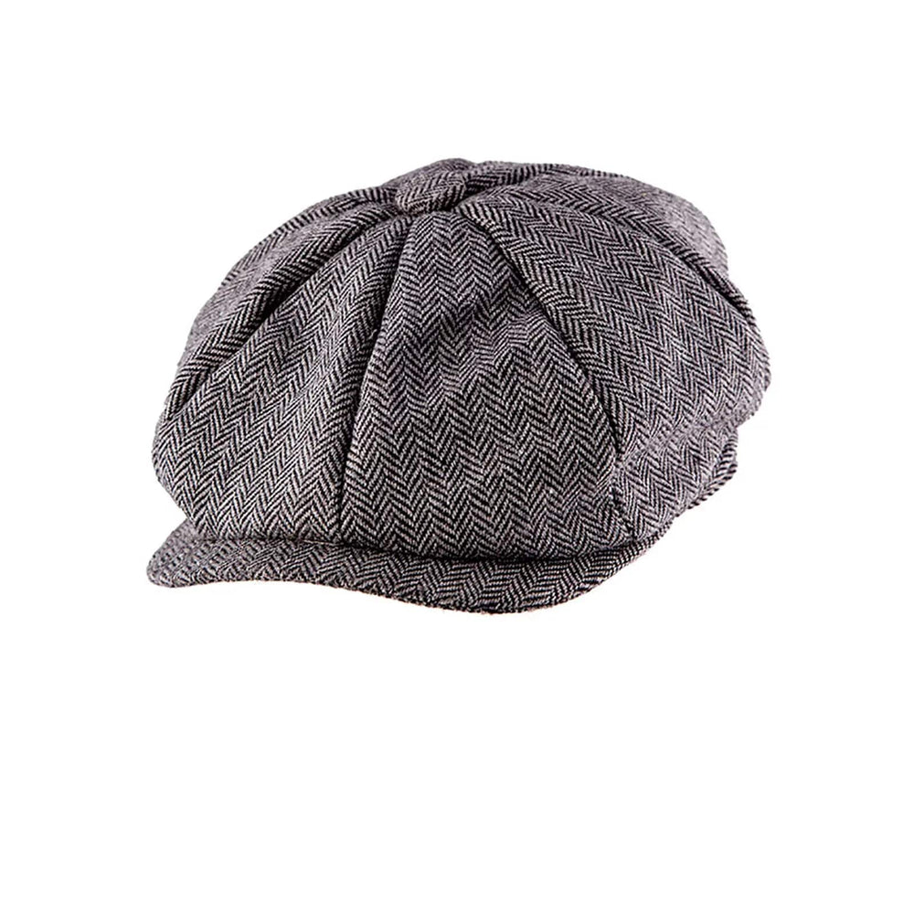 Panelled flat cap in grey herringbone pattern for fancy dress costumes