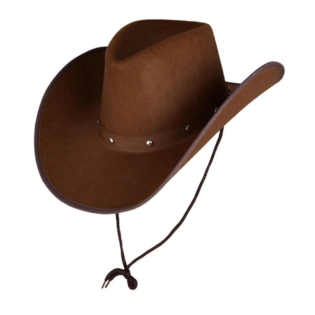 Dark brown felt cowboy hat with neck cord and studded hat band for fancy dress costumes