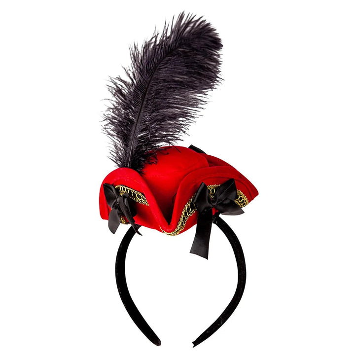 Mini pirate hat with red felt, black feather, gold braid on a black headband for fancy dress parties