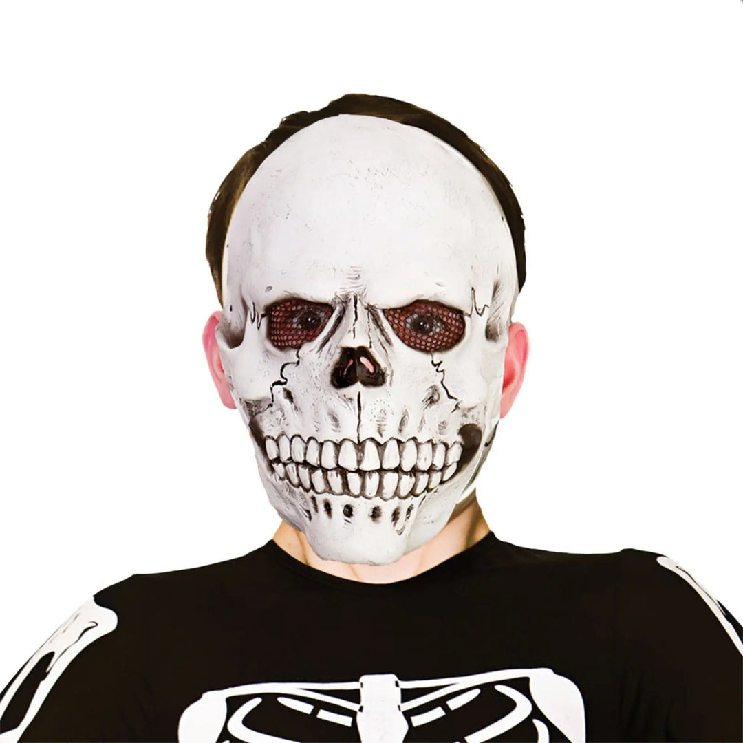 Kids skeleton mask with white and grey detailing and black mesh eye sockets