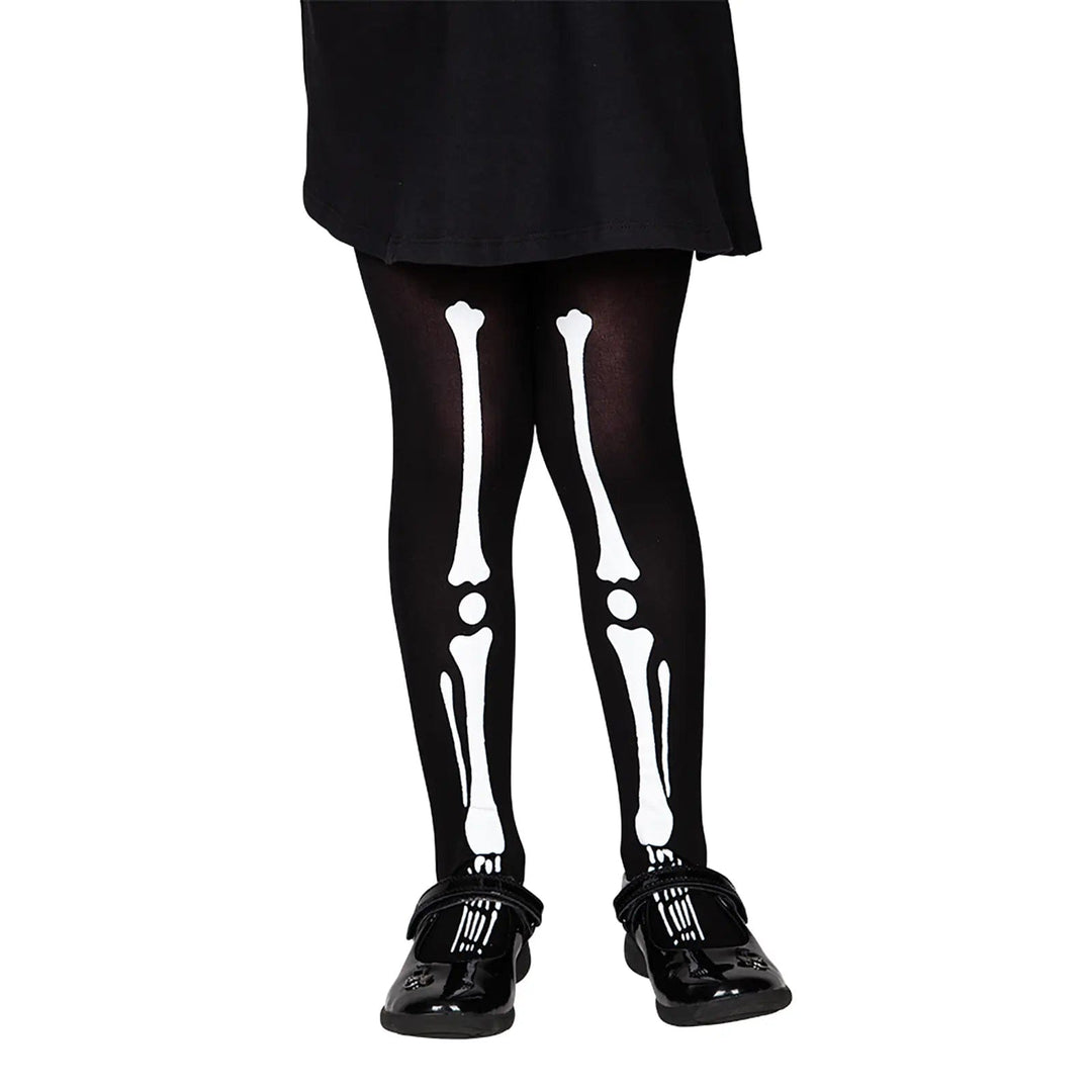 Kids black tights with white skeleton leg bones detail for Halloween fancy dress costumes