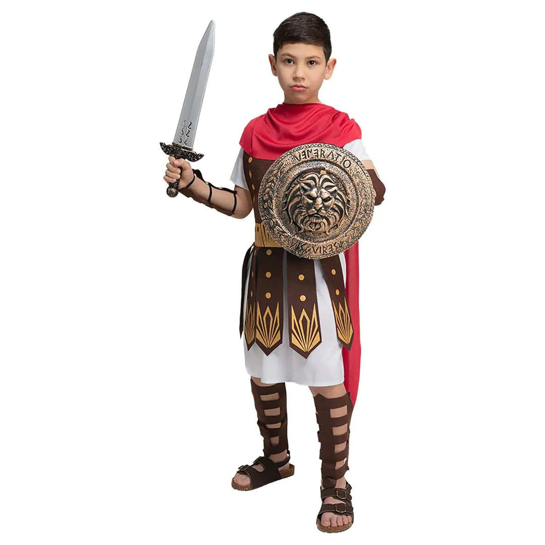 Boy wearing a roman soldier fancy dress costume with bronze colour lion design shield, and a plastic Gladiator sword