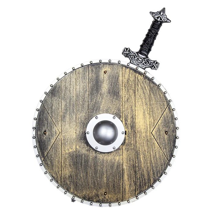 Kids wood effect plastic Viking shield and sword set for dressing up role play fun