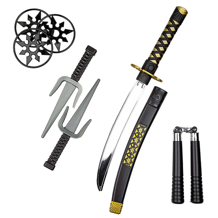 Kids 8 piece ninja martial arts weapons play set with stars, sword, scabbard, daggers and nunchucks for play fun