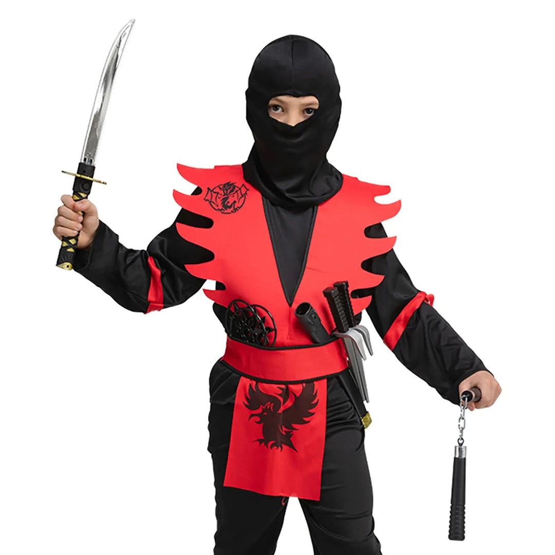 Child dressed up as a ninja, with plastic sword, nunchucks, daggers and stars