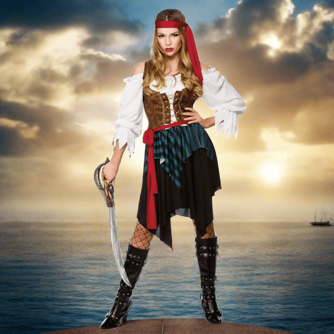 Womens Caribbean Pirate Budget Fancy Dress Halloween Costume XS Stock