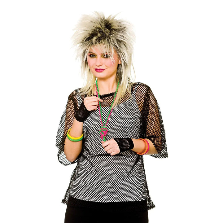 Woman wearing a black mesh top with 1980s punk style wig for fancy dress parties