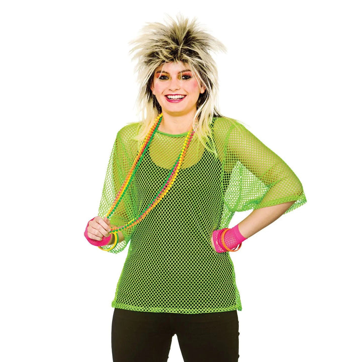 Lady wearing a neon green mesh top with 1980s punk style wig for fancy dress parties