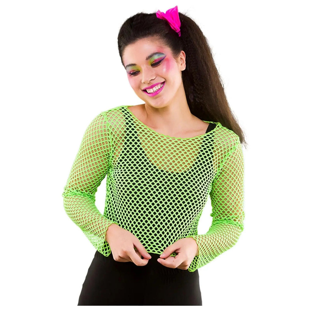 Buy Neon 80s Fishnet Crop Top Long Sleeve Mesh XS Stock XS Stock