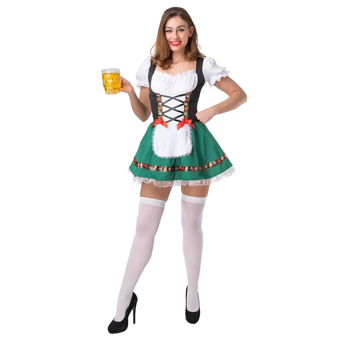 Lady wearing an Oktoberfest dress with short green skirt, corset and lace apron, white stockings, black heels, and holding a pint of beer