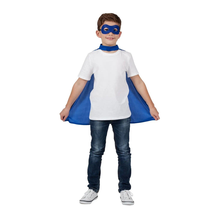 Boy wearing a blue eye mask and superhero cape for Halloween fancy dress costumes