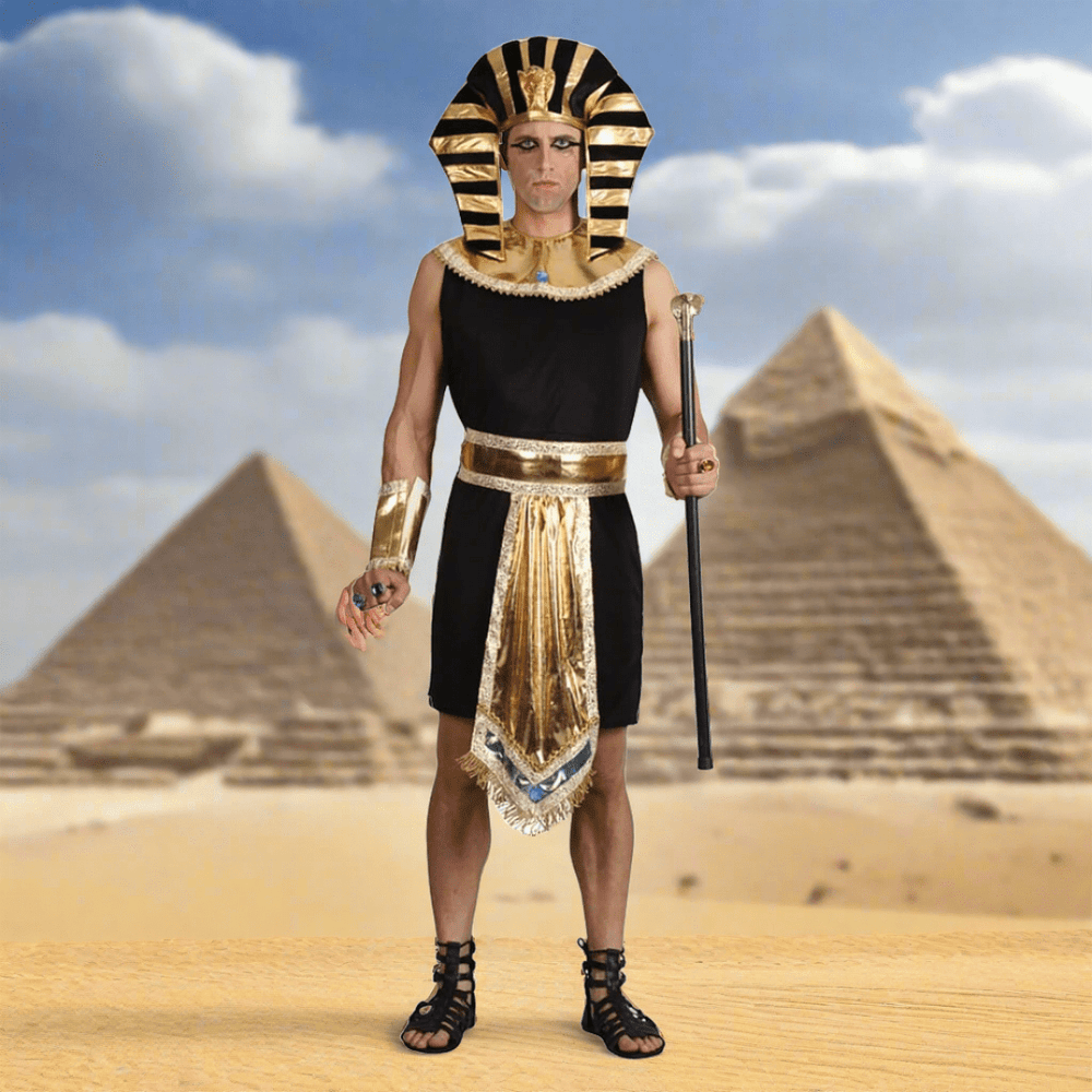 Mens Egyptian King Pharaoh Costume with Pyramids in distance