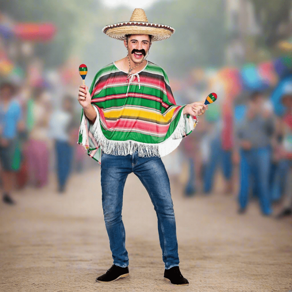 Mexican Bandit Poncho with a Fiesta in the background