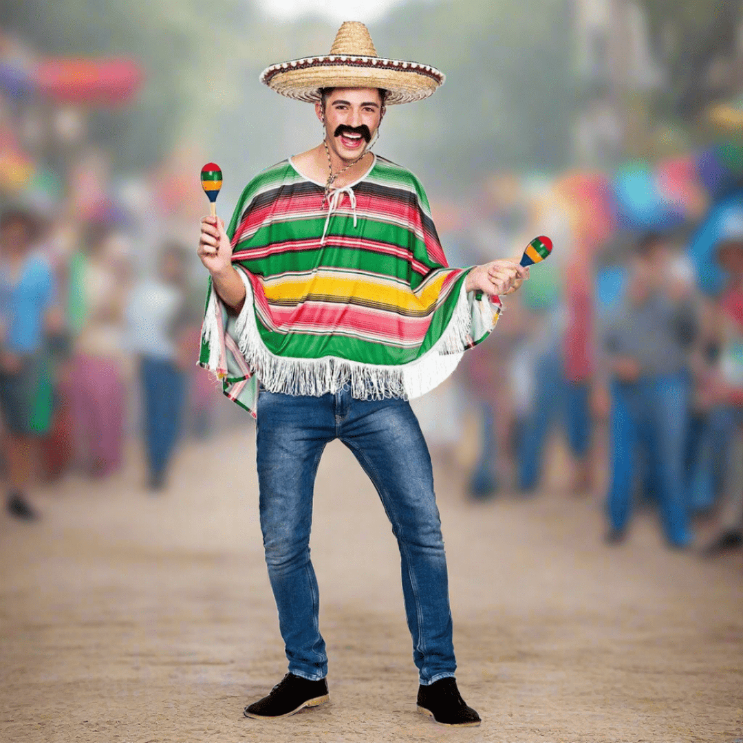 Mexican Bandit Poncho with a Fiesta in the background